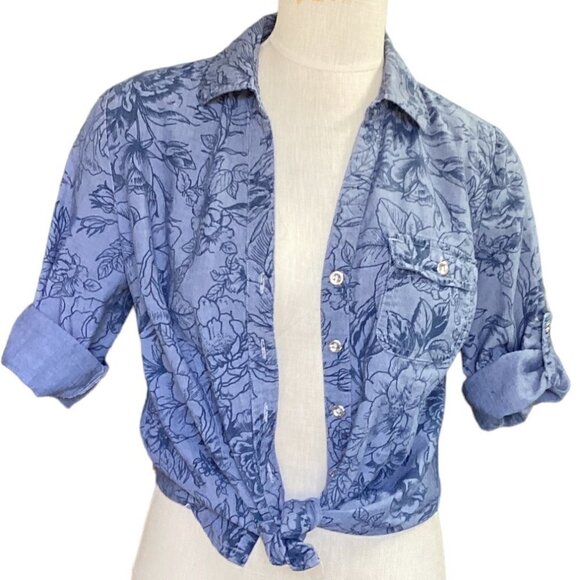 Karen Scott Button-Up Roll Tab Top 100% Cotton Floral Sz S Blue 142C - Picture 5 of 8